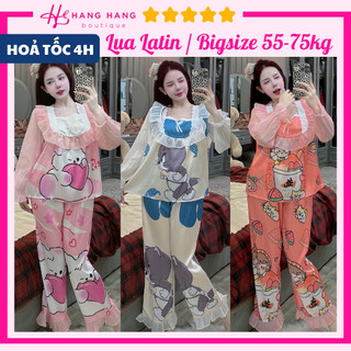 Đồ ngủ nữ bigsize 55-75kg, pijama dài tay voan cổ vuông lụa latin mịn mát 75DD06, đồ bộ nữ đồ mặc nhà tiểu thư dễ thương