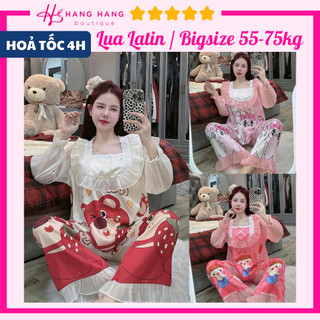 Đồ ngủ nữ bigsize 55-75kg, pijama dài tay voan cổ vuông lụa latin mịn mát 75DD06, đồ bộ nữ đồ mặc nhà tiểu thư dễ thương