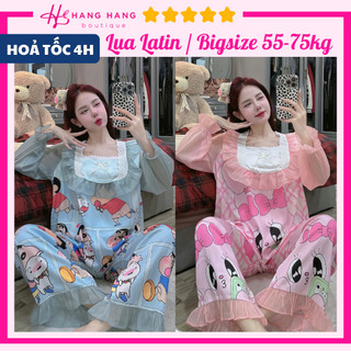 Đồ ngủ nữ bigsize 55-75kg, pijama dài tay voan cổ vuông lụa latin mịn mát 75DD06, đồ bộ nữ đồ mặc nhà tiểu thư dễ thương