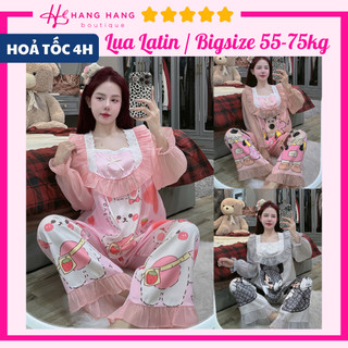 Đồ ngủ nữ bigsize 55-75kg, pijama dài tay voan cổ vuông lụa latin mịn mát 75DD06, đồ bộ nữ đồ mặc nhà tiểu thư dễ thương