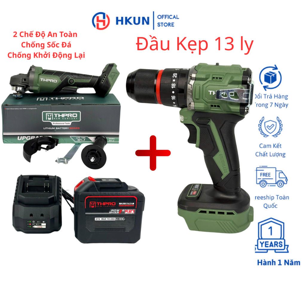 Combo Máy Cắt THPRO TH-8100, Máy Khoan Pin 3 Chức Năng THPRO TH13 Xanh 13ly Động Cơ Không Chổi Than Chân Pin Phổ Thông
