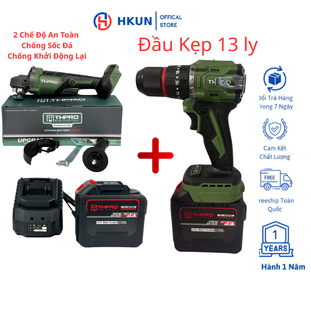 Combo Máy Cắt TH-8100, Máy Khoan Pin 3 Chức Năng THPRO TH13 13ly Động Cơ Không Chổi Than Chân Pin Phổ Thông 4CM Kèm 2Pin