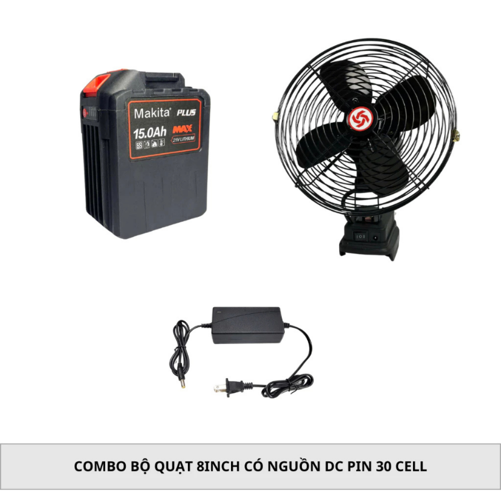 Combo Bộ Quạt 8inch Dùng Pin Hoặc Điện, 2 Tốc Độ Gió Có Nguồn DC Kèm Pin 30Cell Chân Pin Phổ Thông
