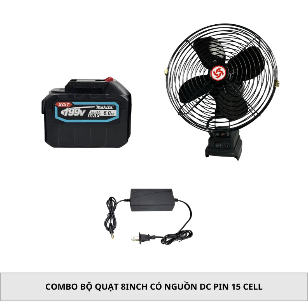 Combo Bộ Quạt 8inch Dùng Pin Hoặc Điện, 2 Tốc Độ Gió Có Nguồn DC Kèm Pin 15Cell Chân Pin Phổ Thông