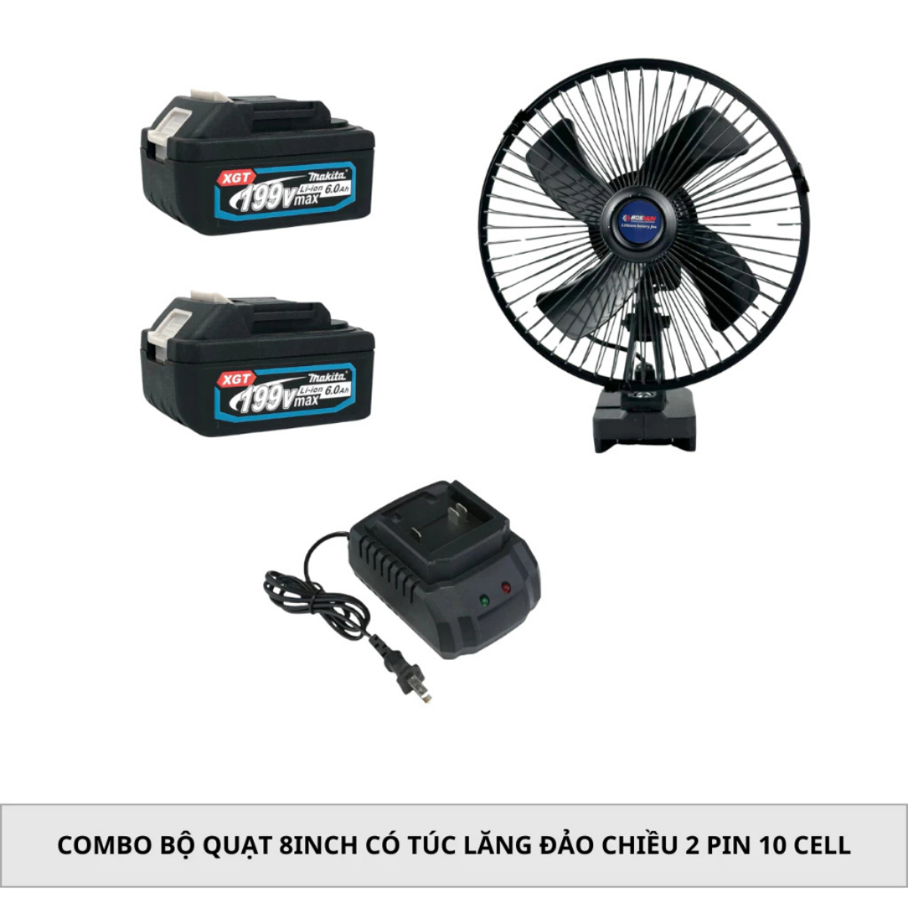 Combo Bộ Quạt 8inch Có Túc Lăng Đảo Chiều, 2 Cấp Độ Gió Kèm 2Pin 10Cell Chân Pin Phổ Thông