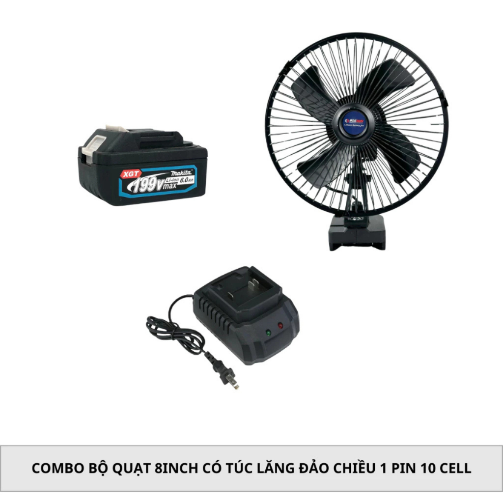 Combo Bộ Quạt 8inch Có Túc Lăng Đảo Chiều, 2 Cấp Độ Gió Kèm Pin 10Cell Chân Pin Phổ Thông