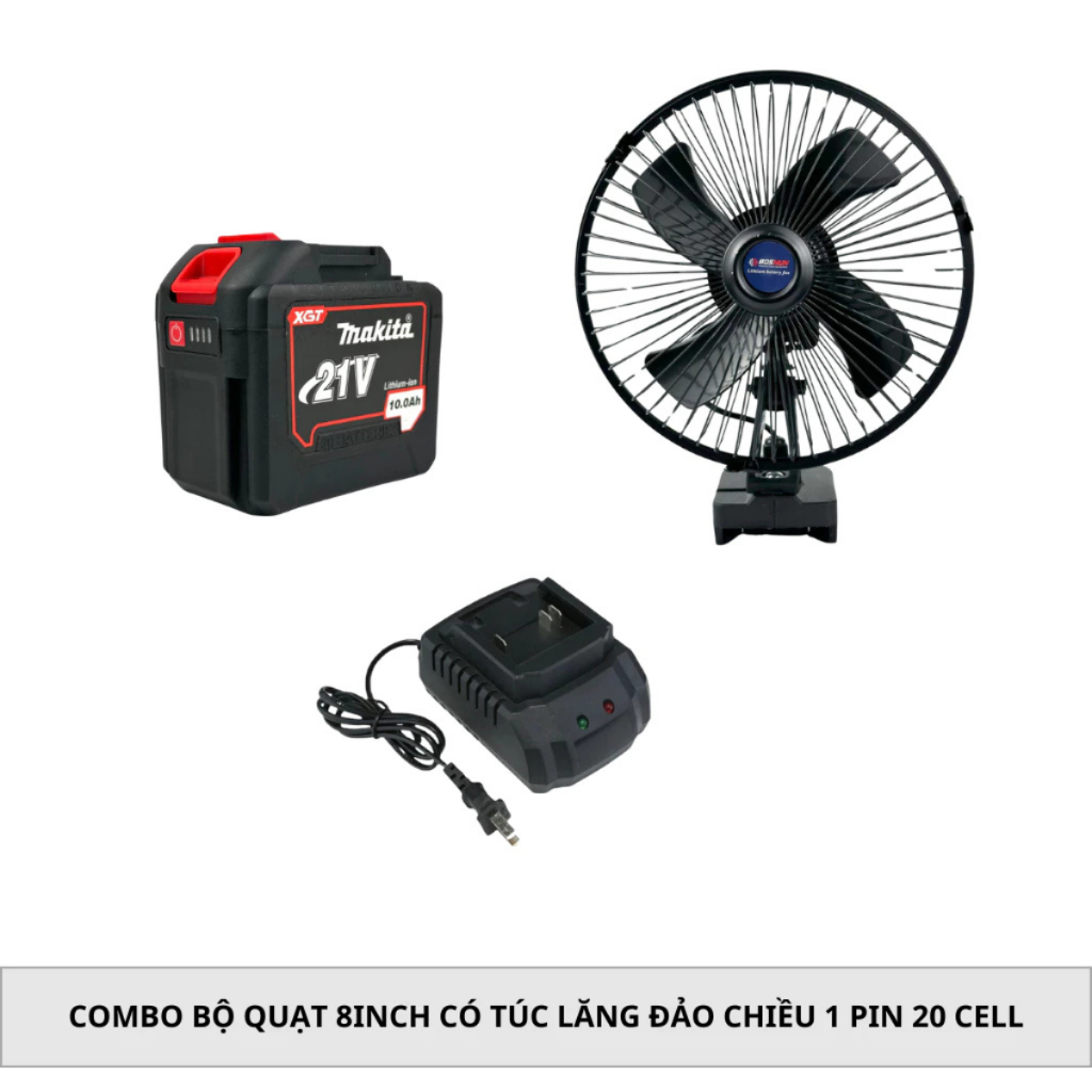 Combo Bộ Quạt 8inch Có Túc Lăng Đảo Chiều, 2 Cấp Độ Gió Kèm Pin 20Cell Chân Pin Phổ Thông