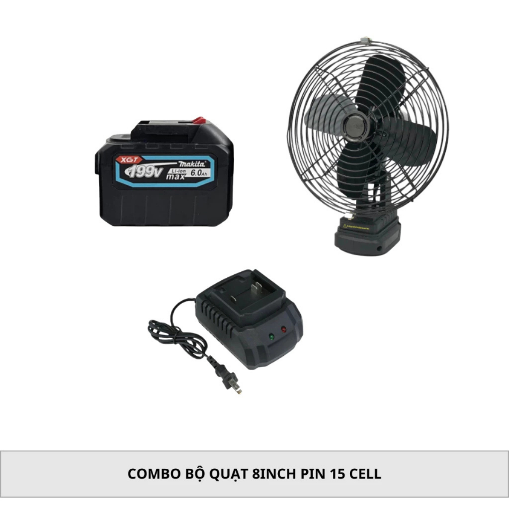 Combo Bộ Quạt 8inch Pin 15Cell Lồng Sắt, Cánh Sắt, 2 Chế Độ Gió - Quạt Tích Điện Nhỏ Gọn Rất Mát