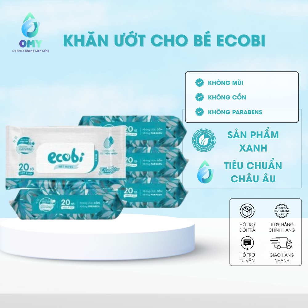 Khăn ướt cho bé Ecobi gói 20 tờ cao cấp không mùi không cồn không parabens