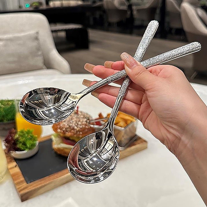 Thìa inox cán dài chống gỉ sáng bóng, muỗng inox ăn súp đầu tròn thiết kế sang trọng hiện đại