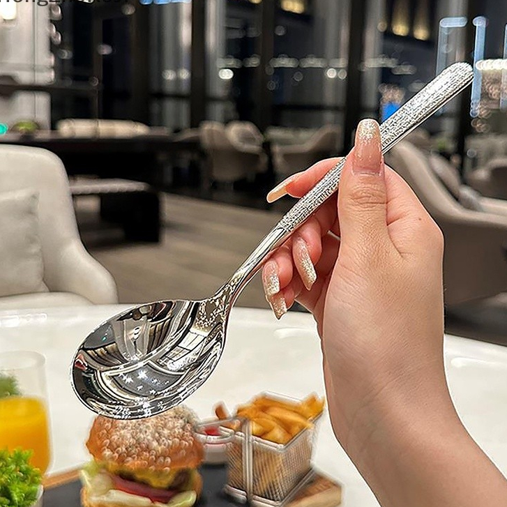 Thìa inox cán dài chống gỉ sáng bóng, muỗng inox ăn súp đầu tròn thiết kế sang trọng hiện đại
