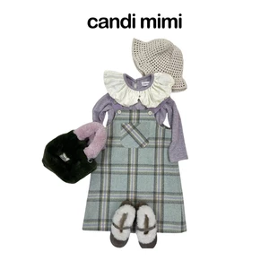 CANDI MIMI Váy yếm dạ cotton kẻ - Phong cách Hàn Quốc