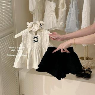 S322-[tomnaukid] Set áo sơ mi sát nách phối quần short jean cho bé gái - Size 8-30Kg