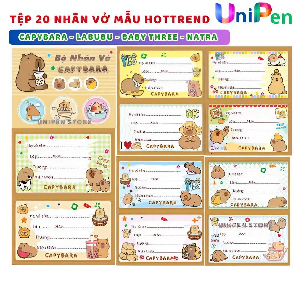 Tệp 20 cái nhãn vở Unipen bóc dán hình Baby Three , Labubu , Capybara ...