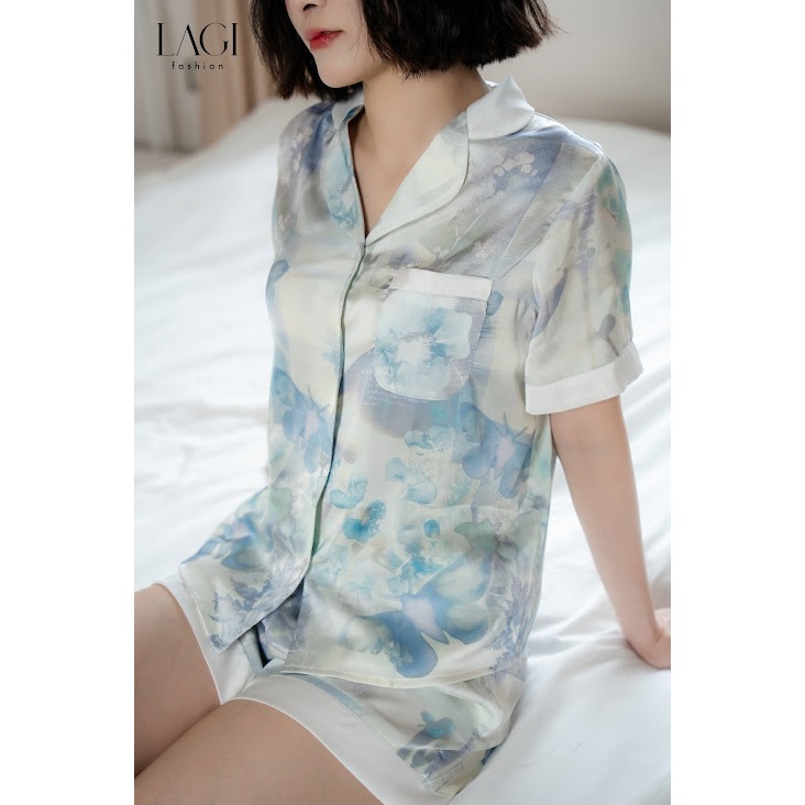 Đồ ngủ chính hãng LAGI, set pijama ngắn tay chất liệu lụa cao cấp