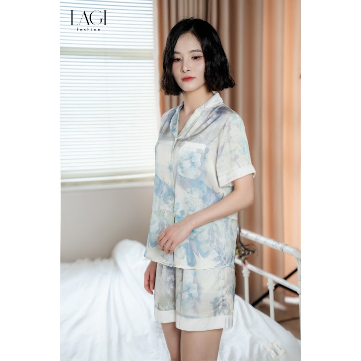 Đồ ngủ chính hãng LAGI, set pijama ngắn tay chất liệu lụa cao cấp