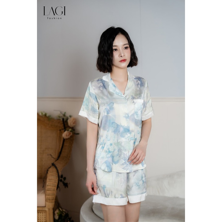 Đồ ngủ chính hãng LAGI, set pijama ngắn tay chất liệu lụa cao cấp