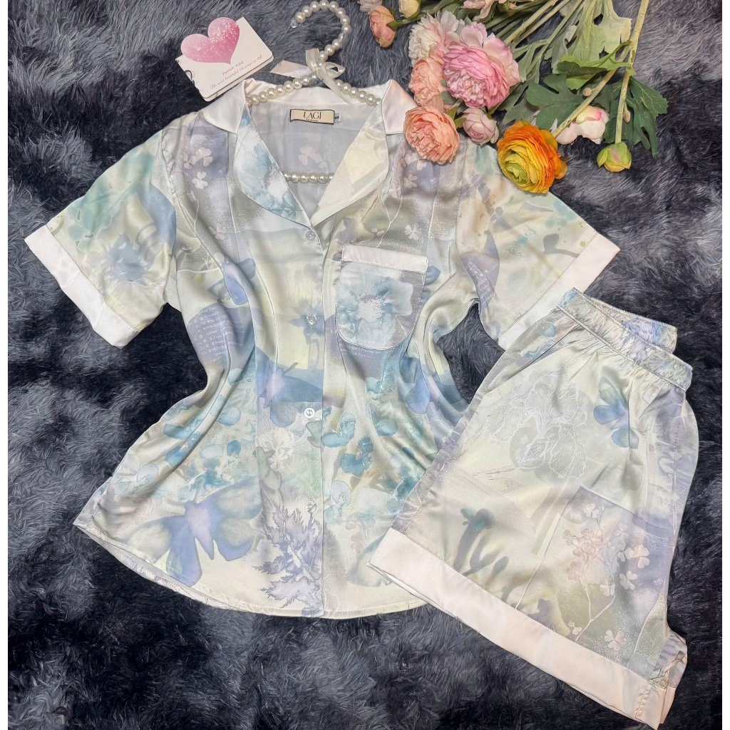 Đồ ngủ chính hãng LAGI, set pijama ngắn tay chất liệu lụa cao cấp