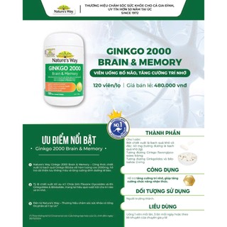 Bổ não ginkgo biloba nature's way 2000mg giúp tăng tuần hoàn máu não, giảm đau đầu 120 viên/hộp