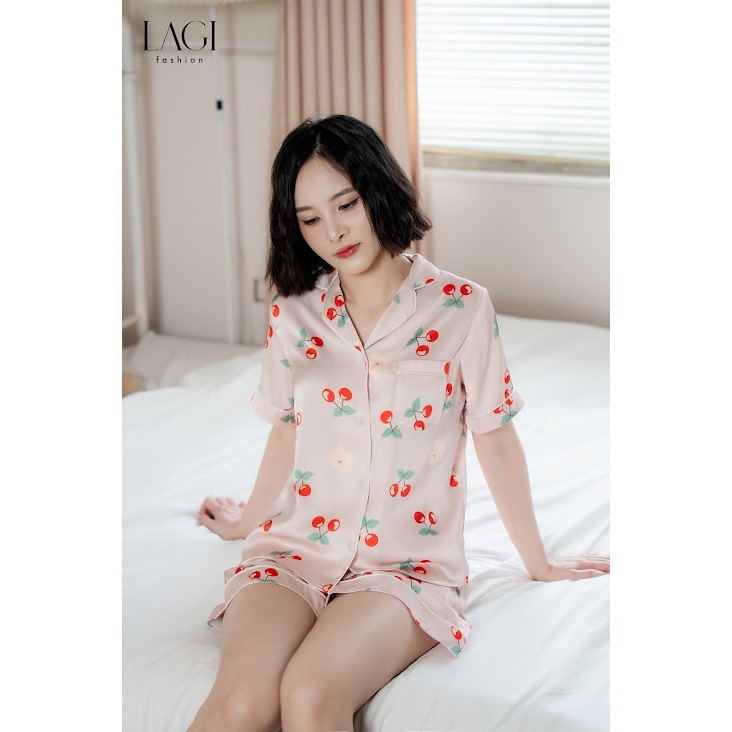 Đồ ngủ chính hãng LAGI, set pijama ngắn tay chất liệu lụa cao cấp, họa tiết cherry PN04
