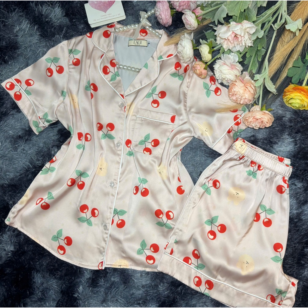 Đồ ngủ chính hãng LAGI, set pijama ngắn tay chất liệu lụa cao cấp, họa tiết cherry PN04