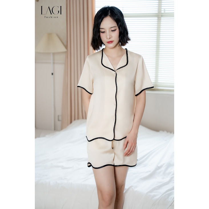 Đồ ngủ chính hãng LAGI, set ngắn tay gấu lượn sóng chất liệu lụa cao cấp, màu be PN05