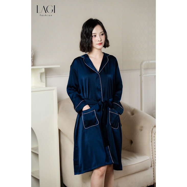 Áo choàng chính hãng LAGI,chất liệu lụa ngọc trai cao cấp có cúc bọc, màu tím than