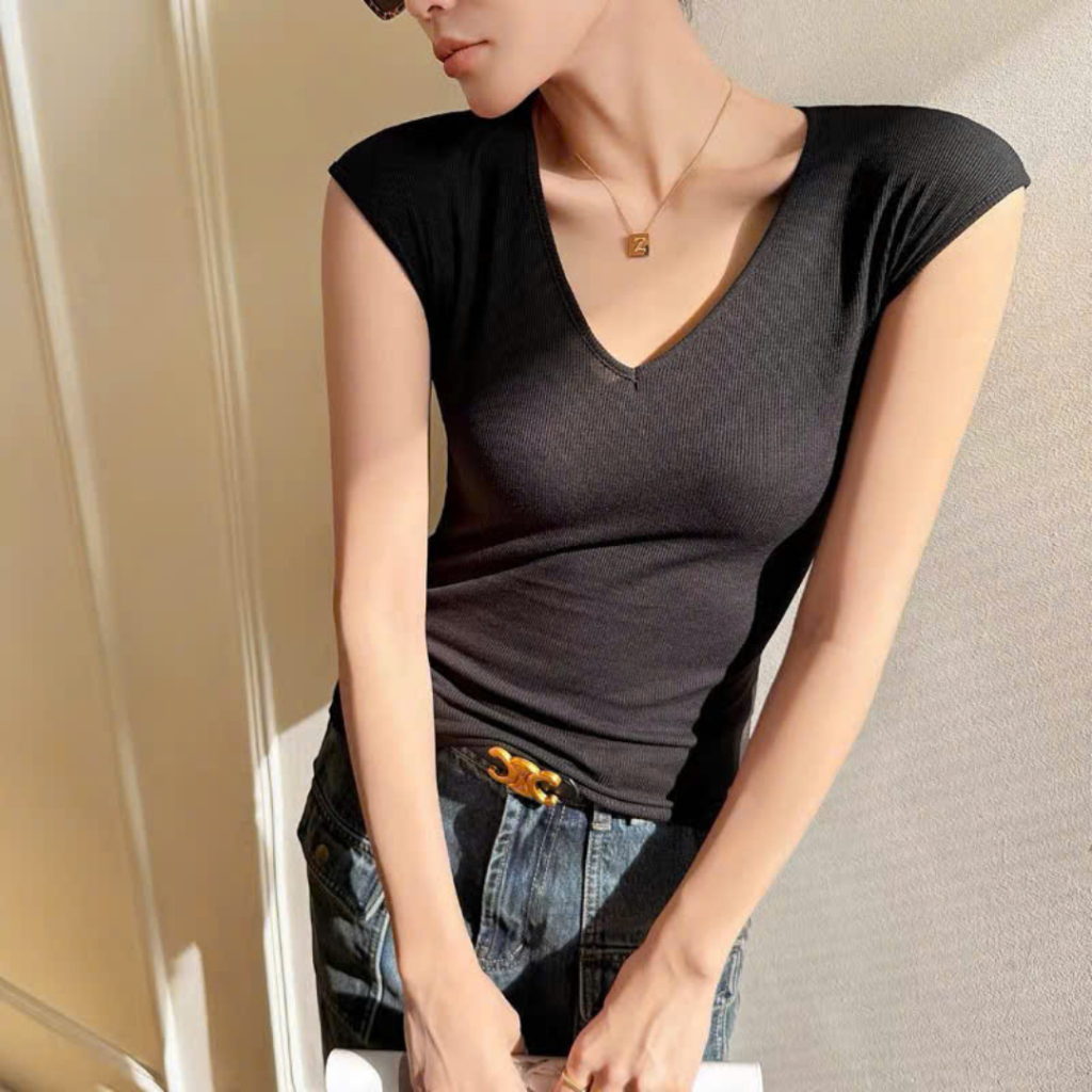 Áo thun nữ cổ tim tay nhí Sicily áo cotton ôm body AT505