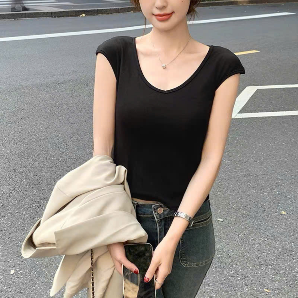 Áo thun nữ cổ tim tay nhí Sicily áo cotton ôm body AT505