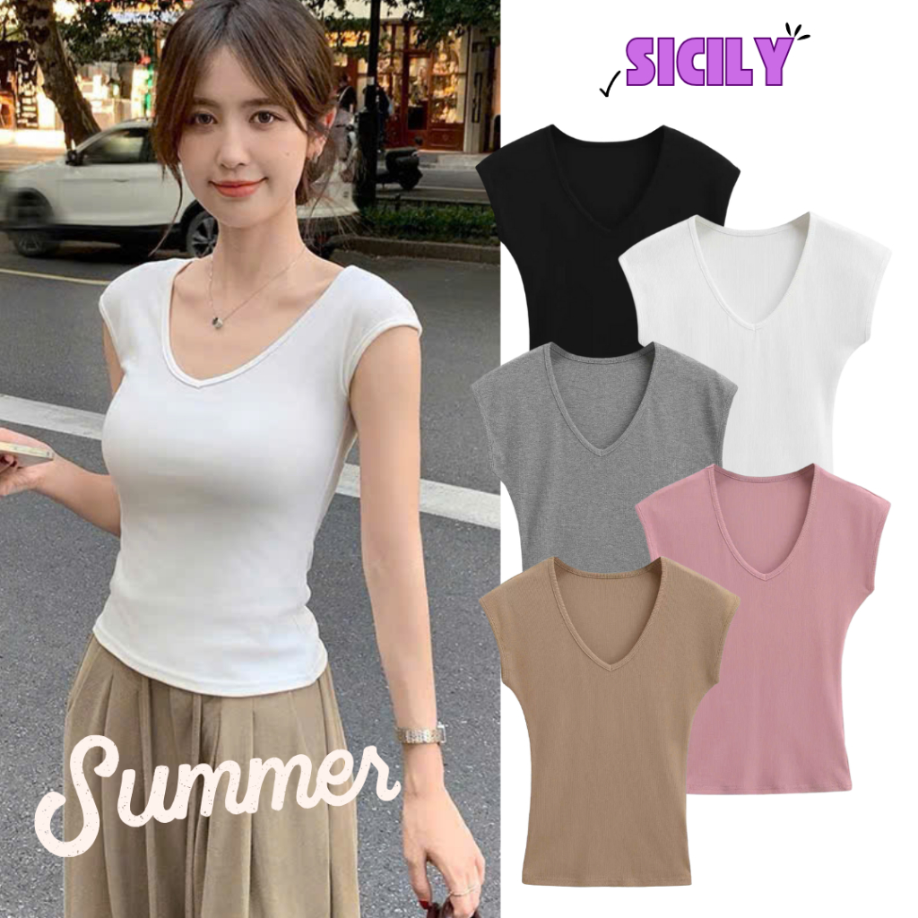 Áo thun nữ cổ tim tay nhí Sicily áo cotton ôm body AT505