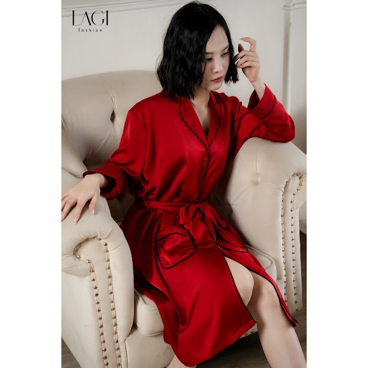 Áo choàng chính hãng LAGI, chất liệu lụa ngọc trai cao cấp, có cúc bọc, màu đỏ cam
