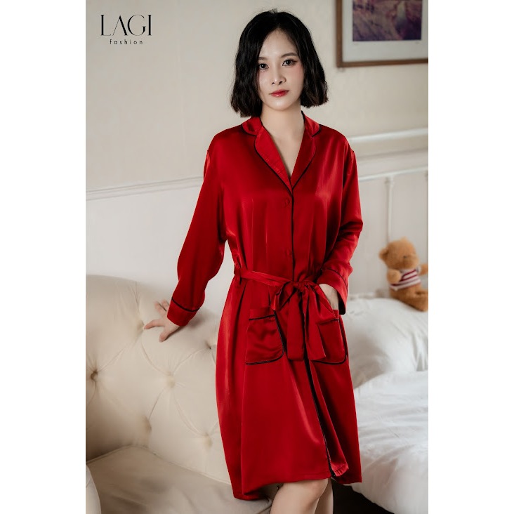 Áo choàng chính hãng LAGI, chất liệu lụa ngọc trai cao cấp, có cúc bọc, màu đỏ cam