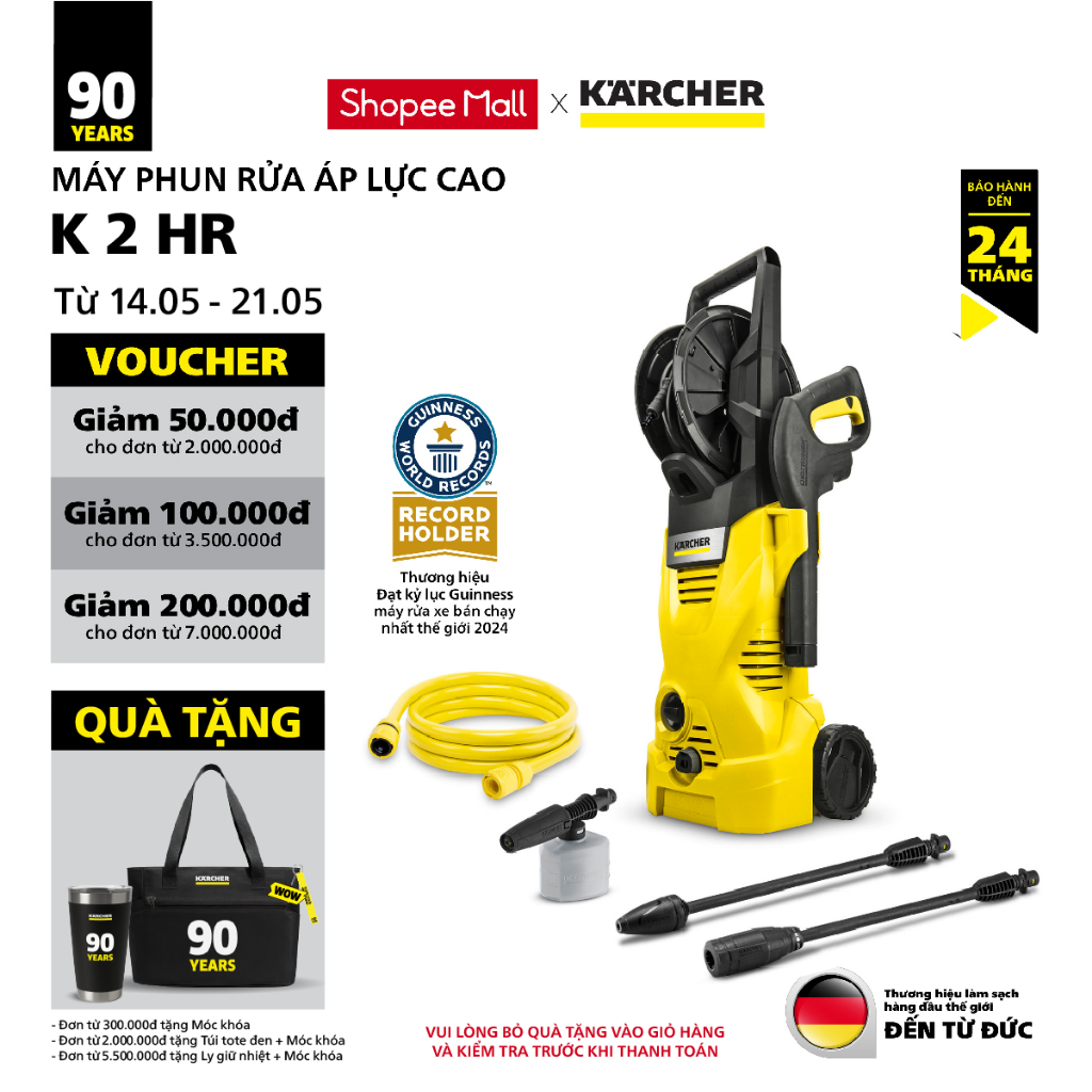 Ảnh Máy phun rửa áp lực cao Karcher K 2 HR - Công suất 1400W, áp lực 110 bar phù hợp rửa xe - Bảo hành 24 tháng 1