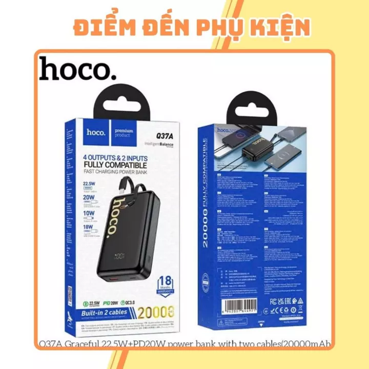 Sạc Dự Phòng Hoco Q37A 20000mAh Chính Hãng Sạc Nhanh, Pin Sạc Dự Phòng Hoco Q37A 20000mAh Tích Hợp Cáp Sạc Tiện Lợi