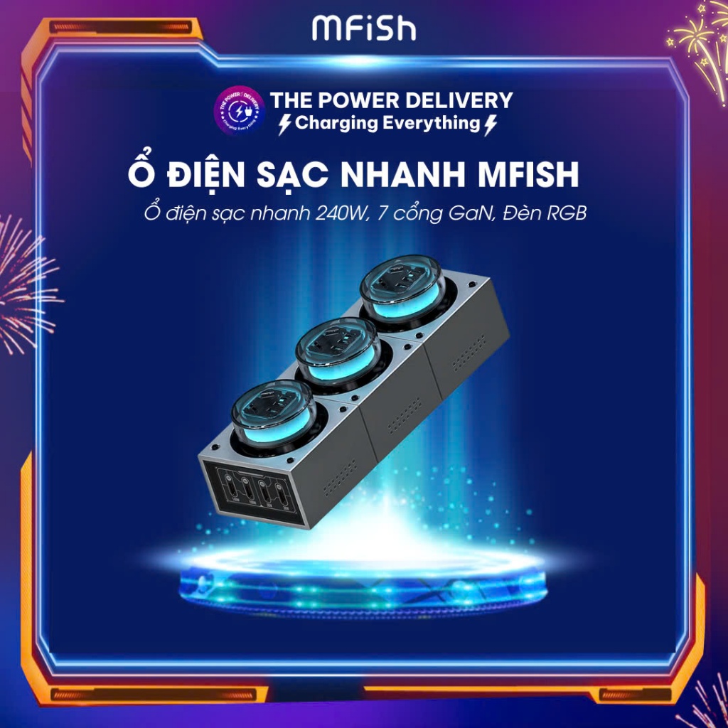 Ổ điện sạc nhanh Mfish 240W, 7 cổng GaN, Đèn RGB, Điều khiển nhiệt độ ...