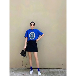 Bộ Thun Nữ Chepol Cao Cấp Form Rộng, In Họa Tiết, Cổ Tròn, Phối Chân Váy Ngắn, Chất Cotton(Áo Xanh Bích+CV Đen )CP_x4972