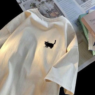 Áo thun phông nữ nam 3158 form rộng chất liệu cotton khô in hình mèo vấp đá