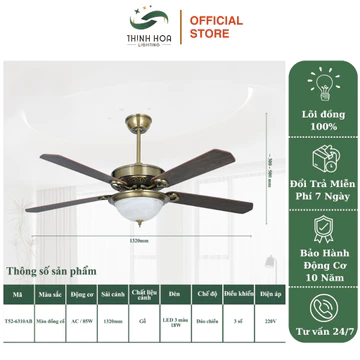 Quạt Trần Đèn Cao Cấp Thịnh Hoa, Đèn Quạt Trần Phong Cách Cổ Điển, Có Đảo Chiều Bảo Hành 10 Năm
