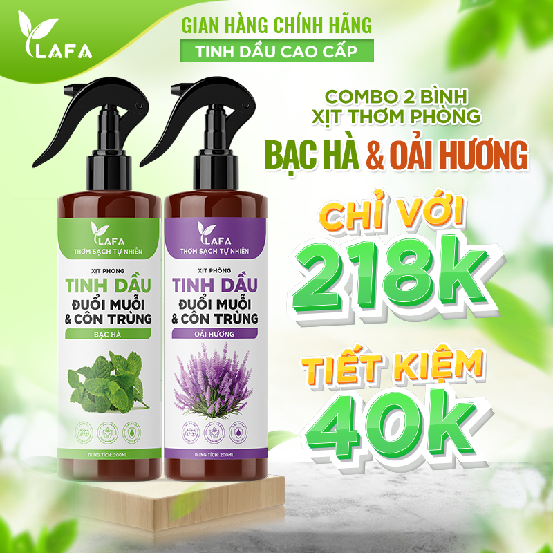 Combo 2 Bình Xịt Thơm Phòng Tinh Dầu | Thơm Lâu, Khử Mùi, Đuổi Muỗi & Côn Trùng | Sả Chanh, Bạc Hà, Quế, Bưởi, Oải Hương
