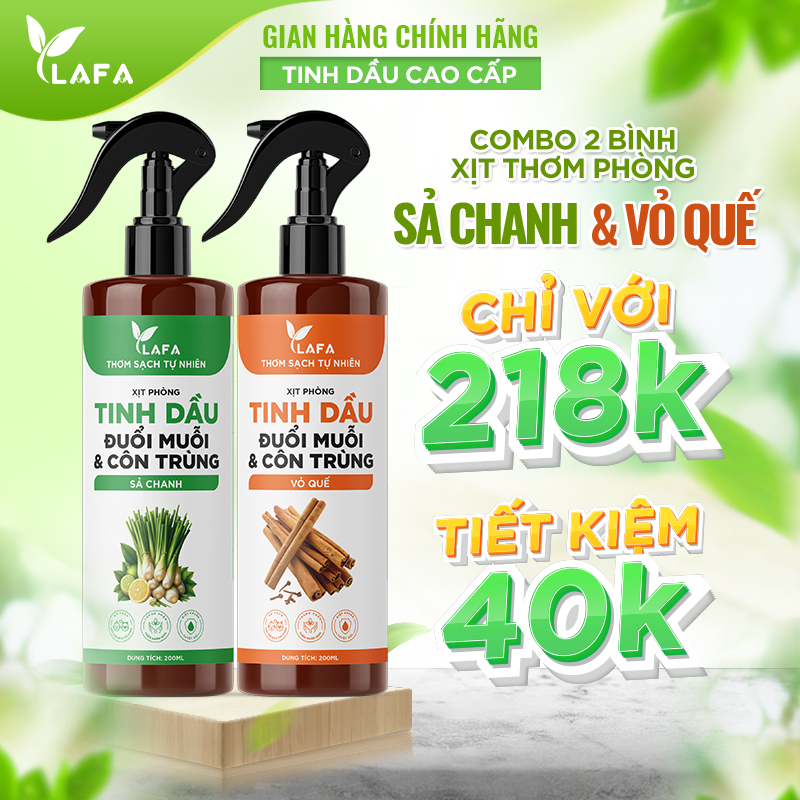 Combo 2 Bình Xịt Thơm Phòng Tinh Dầu | Thơm Lâu, Khử Mùi, Đuổi Muỗi & Côn Trùng | Sả Chanh, Bạc Hà, Quế, Bưởi, Oải Hương