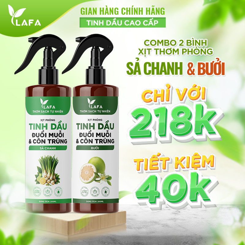 Combo 2 Bình Xịt Thơm Phòng Tinh Dầu | Thơm Lâu, Khử Mùi, Đuổi Muỗi & Côn Trùng | Sả Chanh, Bạc Hà, Quế, Bưởi, Oải Hương