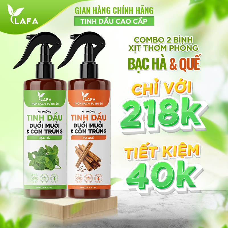 Combo 2 Bình Xịt Thơm Phòng Tinh Dầu | Thơm Lâu, Khử Mùi, Đuổi Muỗi & Côn Trùng | Sả Chanh, Bạc Hà, Quế, Bưởi, Oải Hương