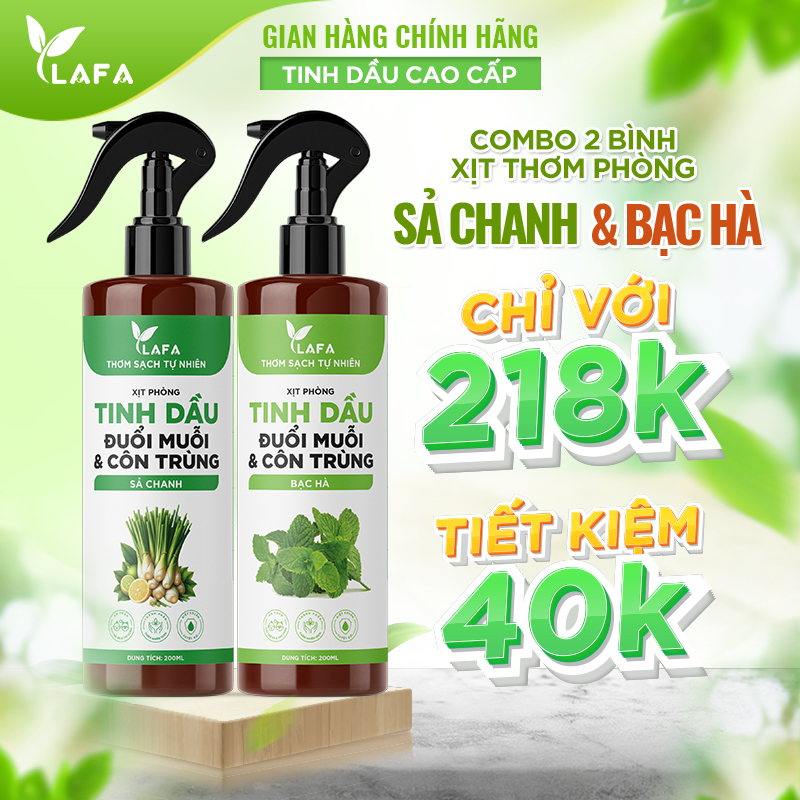 Combo 2 Bình Xịt Thơm Phòng Tinh Dầu | Thơm Lâu, Khử Mùi, Đuổi Muỗi & Côn Trùng | Sả Chanh, Bạc Hà, Quế, Bưởi, Oải Hương