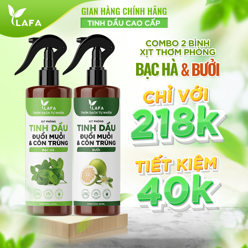 Combo 2 Bình Xịt Thơm Phòng Tinh Dầu | Thơm Lâu, Khử Mùi, Đuổi Muỗi & Côn Trùng | Sả Chanh, Bạc Hà, Quế, Bưởi, Oải Hương