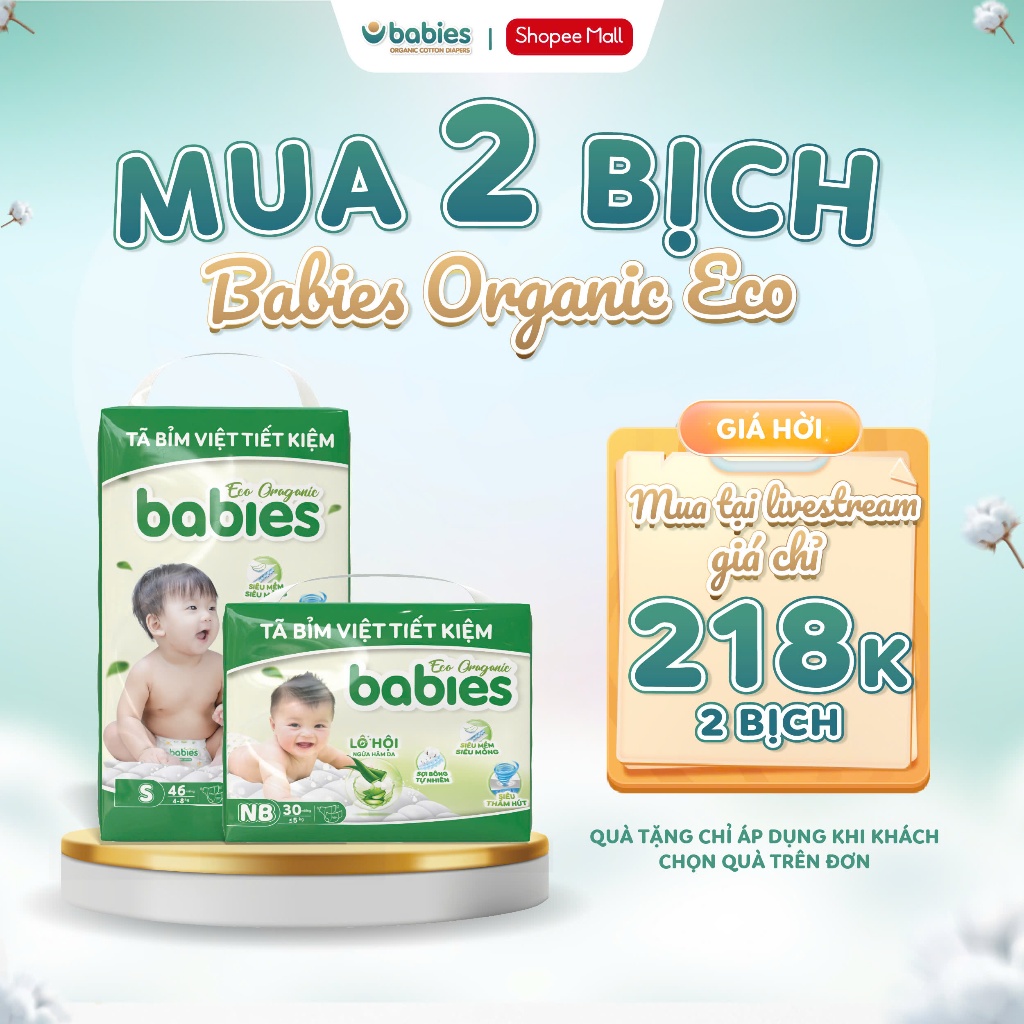 Ảnh Combo 2 Bịch Tã/Bỉm BABIES ORGANIC ECO Siêu Mềm Mịn, Mỏng Thoáng, Lô Hội Ngừa Hăm Bí - Size NB/S/M/L/XL/2XL/3XL 1