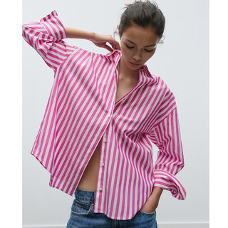 Áo Sơ mi Zara made in Morocco sọc hồng xanh basic