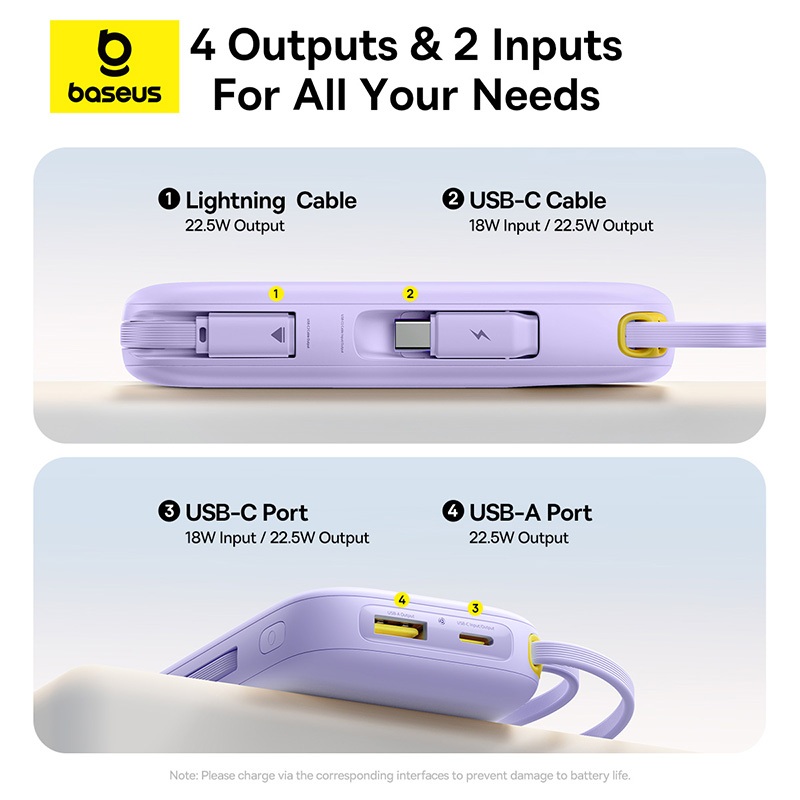 Baseus Sạc Dự Phòng Hai Đầu Dây 10000mAh PD 22.5W TypeC &IP 2 Cổng Tiện Dụng Cho iP 15 14 13 Samsung