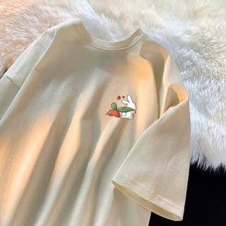 Áo thun phông nữ nam chất liệu cotton khô form rộng in hình thỏ cà rốt