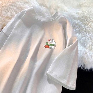 Áo thun phông nữ nam chất liệu cotton khô form rộng in hình thỏ cà rốt