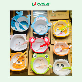 Bát ăn dặm Eco sợi tre Bamboo kháng khuẩn kèm thìa hình động vật cho bé